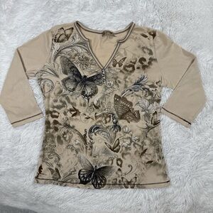 Butterfly Pattern Beige Long Sleeve Top